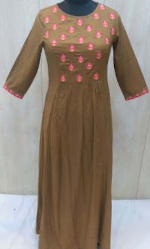 Rayon Long Kurti With Embroidered Neck Design by Puppet House Of Kutch Art