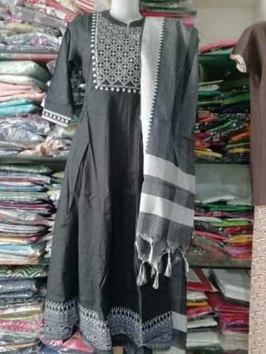 Grey Cotton Kurti With Dupatta  by Indian Lady