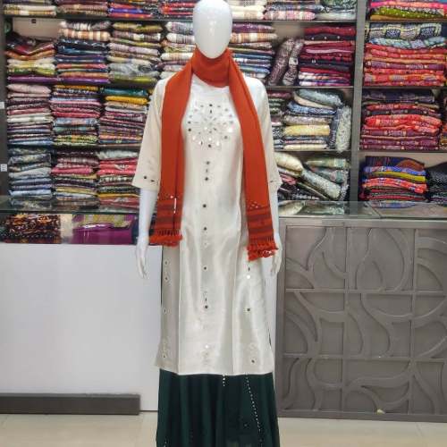 White Silk Kurti With Mirror work Palazzo set