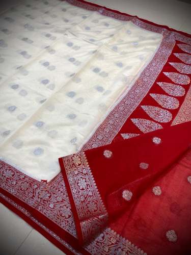 Red and White Banarasi Soft kattan Silk Sarees for Durga Puja by Shamim Ahmed and Sons