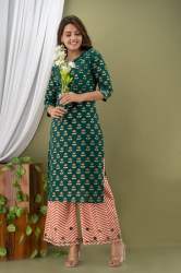 Green and Pink Printed Cotton Palazo Kurti 