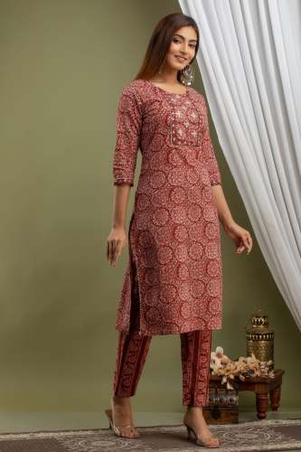 Trendy Straight Cotton Printed Kurti Pant Set