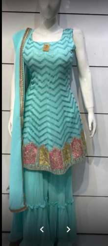 Party Wear Sky Blue Girlish Sharara Suit
