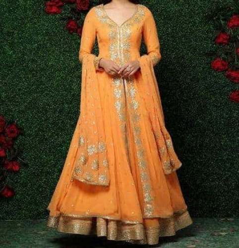 Embroidered Work Orange Anarakli Long Suit  by Meena Bazaar