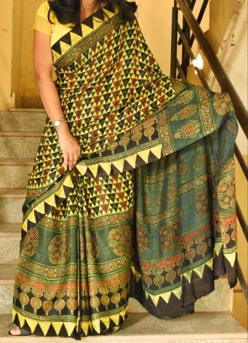 Ajrakh Hand Block Printed Saree by Indo Weavers