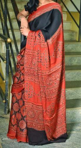 Party Wear Ajrakh Block Printed Saree by Indo Weavers