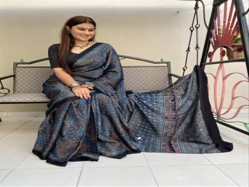 Ajrakh Silk Hand Block Printed Saree