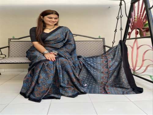 Ajrakh Silk Hand Block Printed Saree by M H Khatri