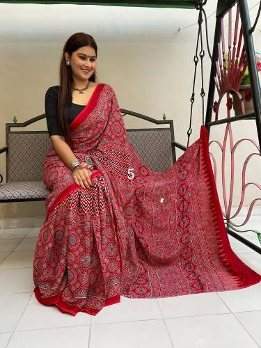 M H Khatri Ajrakh Cotton Saree for Ladies by M H Khatri