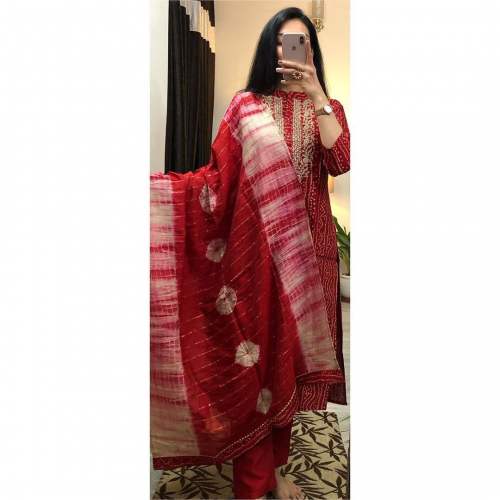 Bandhani Kurti With Pant -Shibori Dupatta Set
