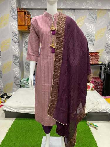 Stylish 3pcs Chanderi Silk Kurti Set 