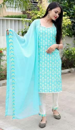 Buy Fashion Basket Cotton Sky Blue Salwar Suit by Fashion Basket