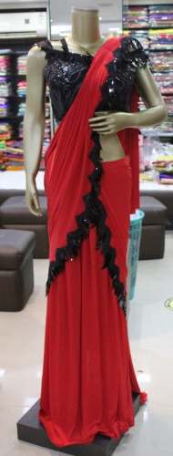 Stylish Red Ready To Wear saree with Black Border by Madhukunj