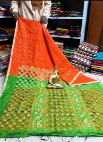 Fancy Orange and Green Cut Work Saree  by santipur saree center