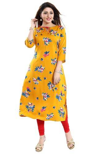 A line Straight Yellow Crepe Kurti  by Weft Kart