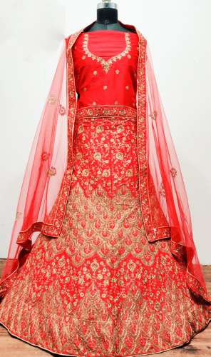 NEW RED SATIN LEHENGA CHOLI by Ishita House Factory Outlet