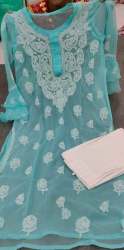 Trendy Turquoise Sky Blue Chikan Kurti Pant Set