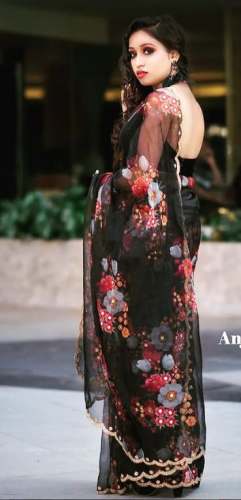 Floral Print Black Beautiful Saree by Anjums Flair