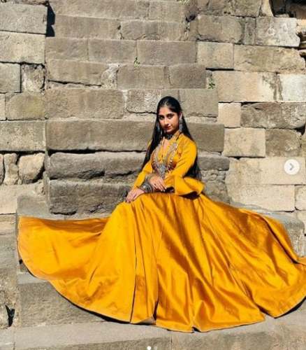 Party Wear Yellow Silk Ethnic Gown by Anjums Flair