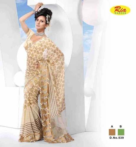 Daily Wear Creame Printed Women Saree by Lautan Mart