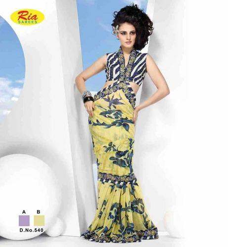 Fancy Yellow Printed Georgette Saree by Lautan Mart