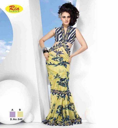 Fancy Yellow Printed Georgette Saree