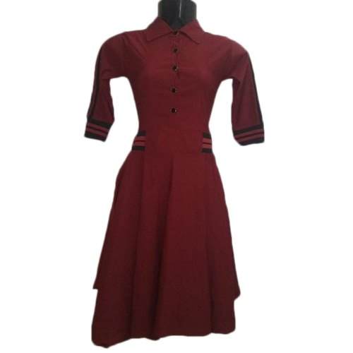 Maroon Plain Western Midi Dress