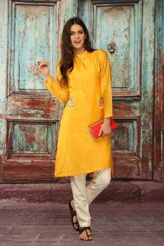 Plain A line Yellow Chanderi Kurti  by Siddhaika