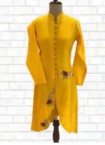 Stand Collar Yellow Festive Wear Kurti 