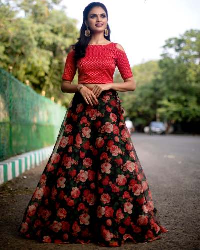 Floral Print Lehenga with Crop Top Lehenga  by Bright Boutique