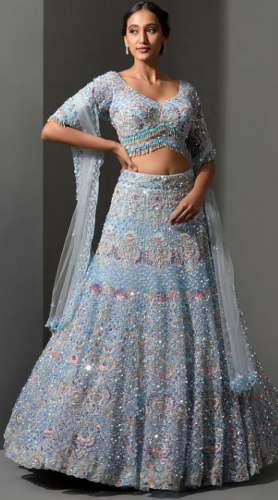 Pastel Blue Stone Embroidered Net Bridal Lehenga