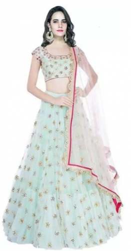 Self Design Semi Stitched Lehenga And Crop Top  by Sampat Saree Emporium