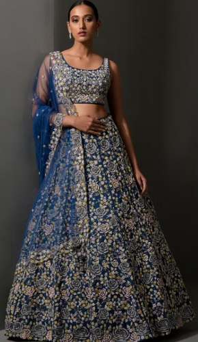 Yale Blue Embroidered Organza  Designer Lehenga