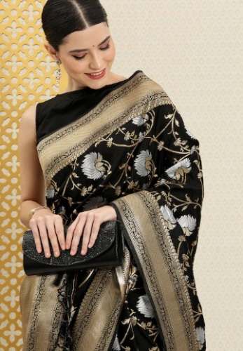 Black And Gold Floral Zari Silk Banarasi Saree