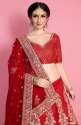 Coral Red Embroidered Art Silk Bridal Lehenga thumb 2
