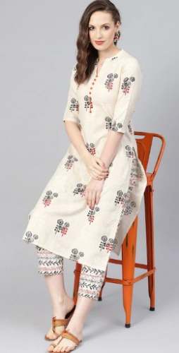 Women Beige Ethnic Print Straight Kurta Set 