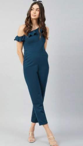 Women Teal Blue Solid Jumpsuit by Roopkiran Saree Showroom