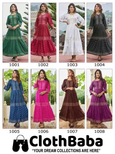 Attrective Gold Print With 14 KG Rayon Long Gown 