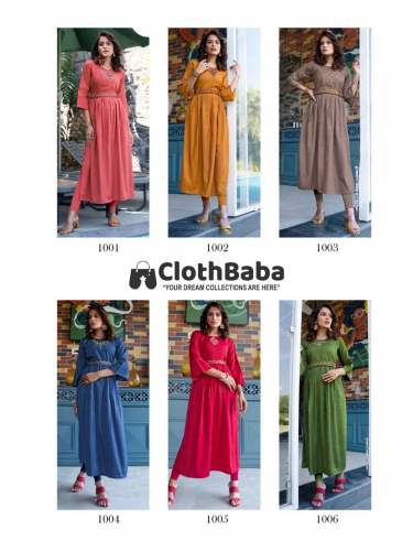 Heavy Fancy Viscose Rayon Hand Embroidered Nayra Cut Kurti With Belt