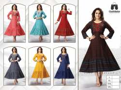 Women Rayon Printed Hand Work Kurtis