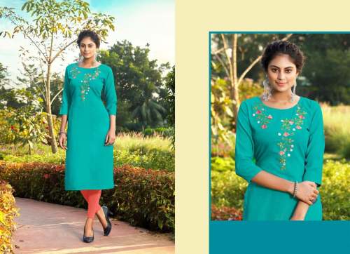 Women Ruby Slub Embroidery Work Kurti