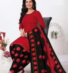 Red and Black Printed Patiala Dress Material 