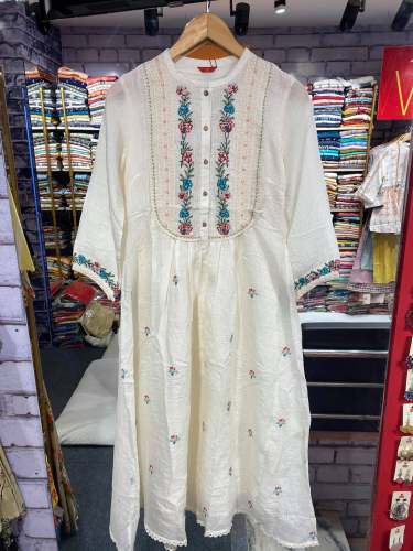 Designer White Embroidery Long Kurti