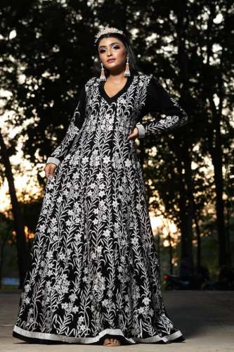 Embroidered Black Party wear Gown  by Queens Attire
