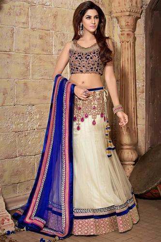 Party wear Cream and Blue Lehenga Choli 