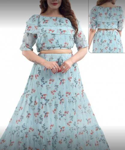 Buy Sky blue printed crop top lehenga at wholesale by Parivaara