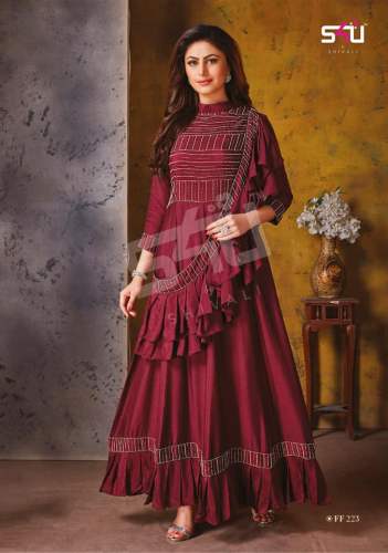 Maroon Silk Gown With Attached Dupatta by Sayee Creations