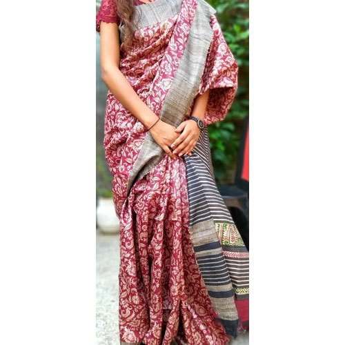 Block Printed Tussar Ghicha Silk Saree  by Sakshi Silk Industry