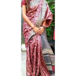 Block Printed Tussar Ghicha Silk Saree 