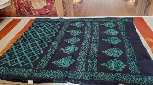 Block Printed Black Saree With Green Design by Jara Silk